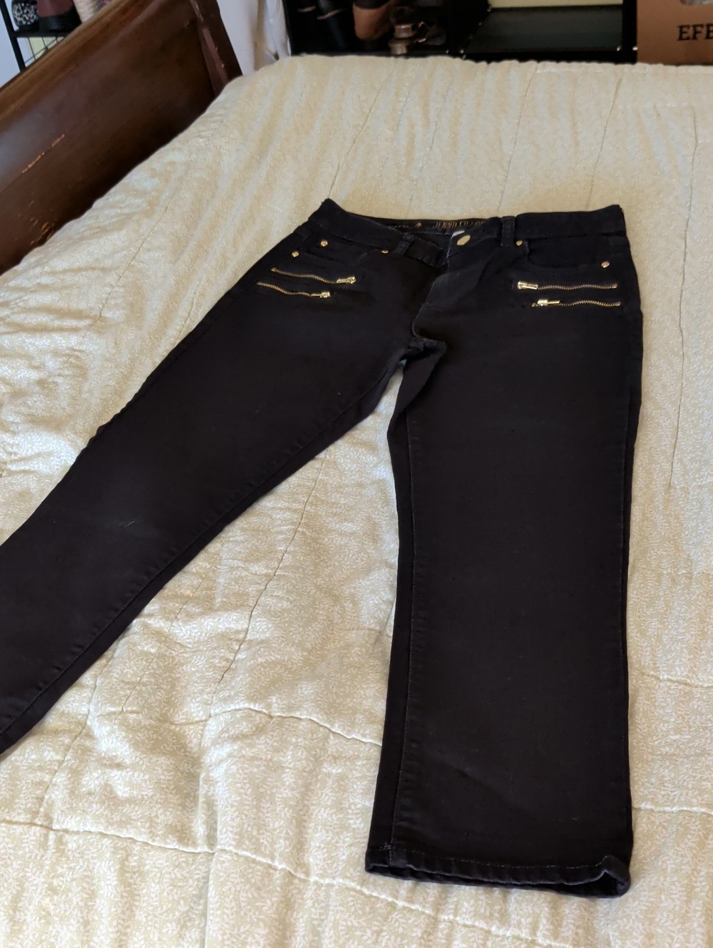Jennifer Lopez Black Straight Leg Jeans with Gold Zipper Accents